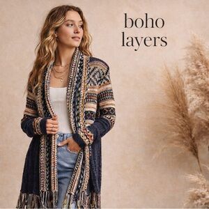 Boho Fringe Cardigan Southwestern Fair Isle Knit Sweater Adora S/M